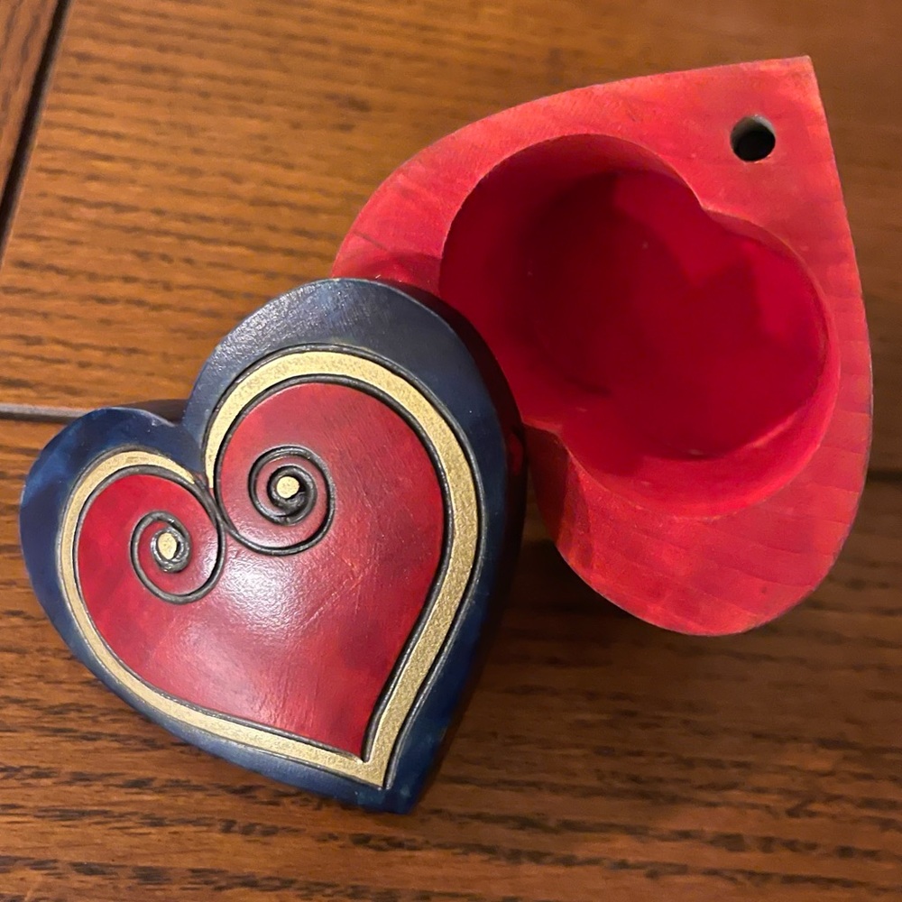 Heart Shaped Trick or Puzzle Box Footed Wood Trinket Box with Secret Pivot Lid